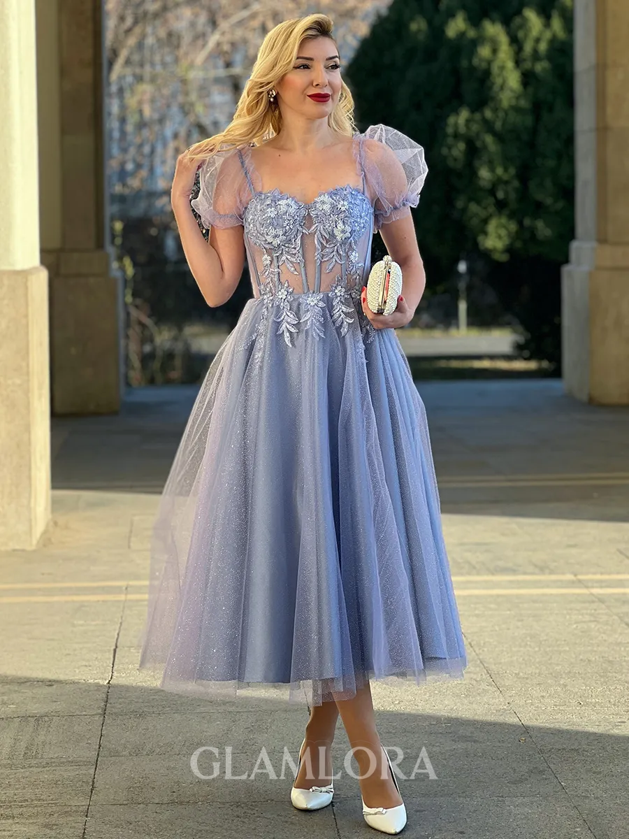 A-line Princess Sweetheart Short Sleeves Lace Tea-Length Corset Dress With Appliques Lace