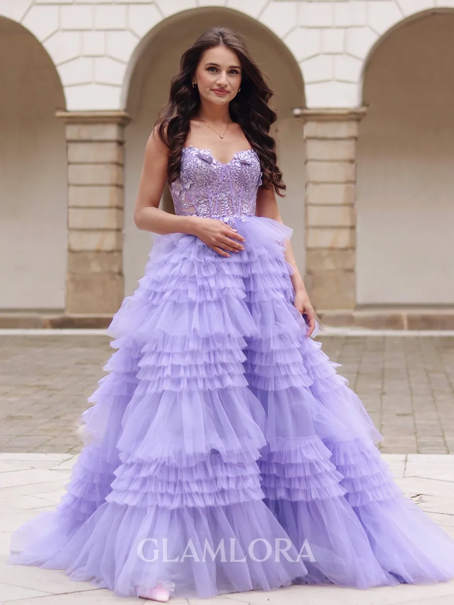 A-line Elegant V-neck Court Train Tulle Corset Dress With Appliques Lace