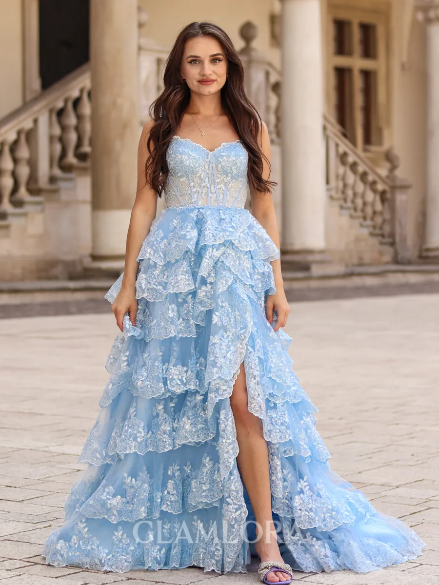 Fashion A-line Off-the-Shoulder Court Train Tulle Corset Dress With Slit