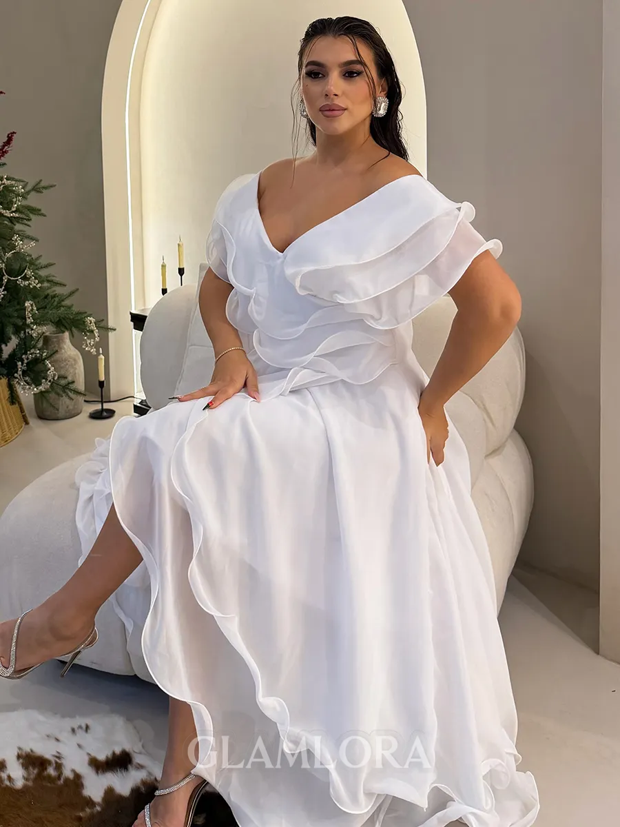 Elegant A-Line V-Neck Ruffles Asymmetrical Chiffon Mother of the Bride Dress