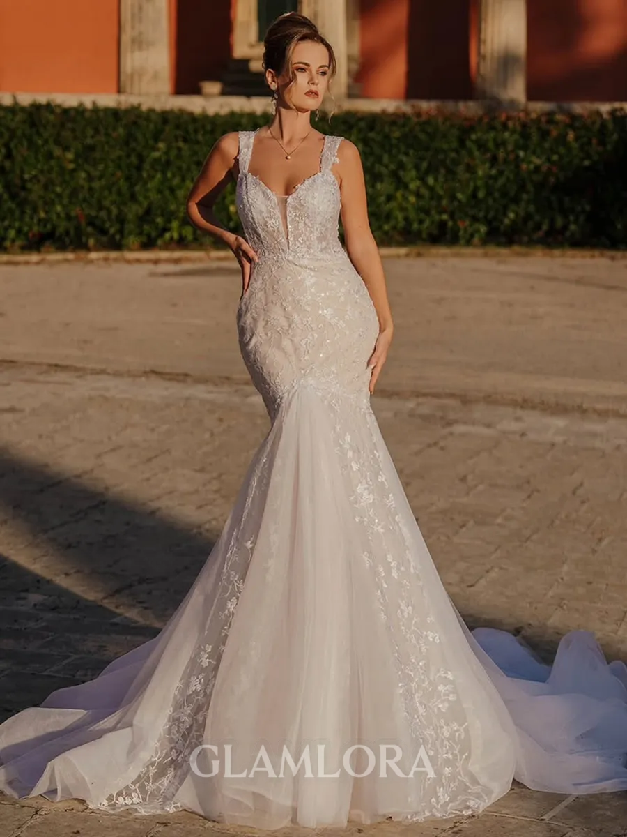 Glam Mermaid Off-the-Shoulder Appliques Lace Cathedral Train Tulle Wedding Dress