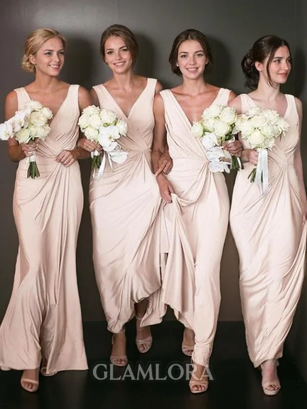 A-line V-Neck Sleeveless Floor-Length Chic Jersey Bridesmaid Dress