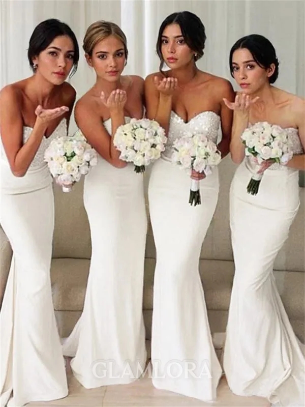 Trumpet/Mermaid Sweetheart Sleeveless Flair Sweep Train Silk like Satin Bridesmaid Dress With Beading