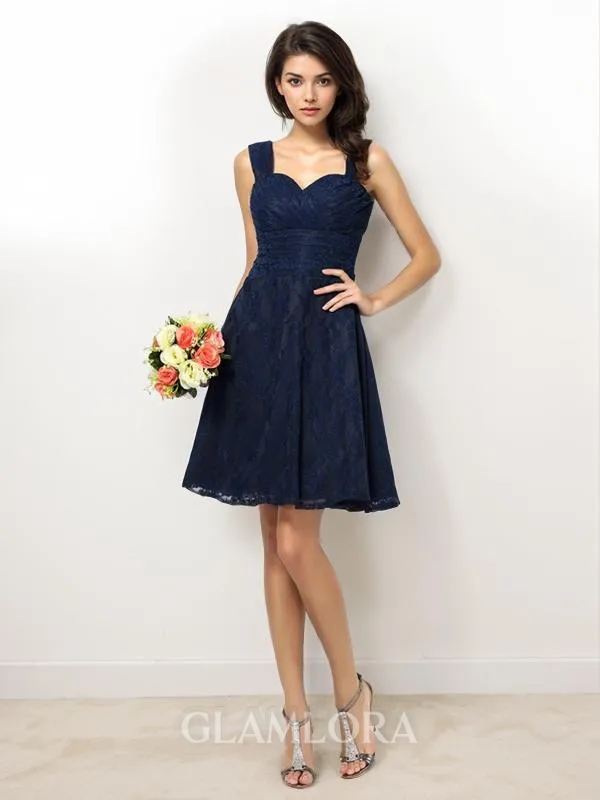 A-line Stylish Straps Sleeveless Short/Mini Lace Bridesmaid Dress