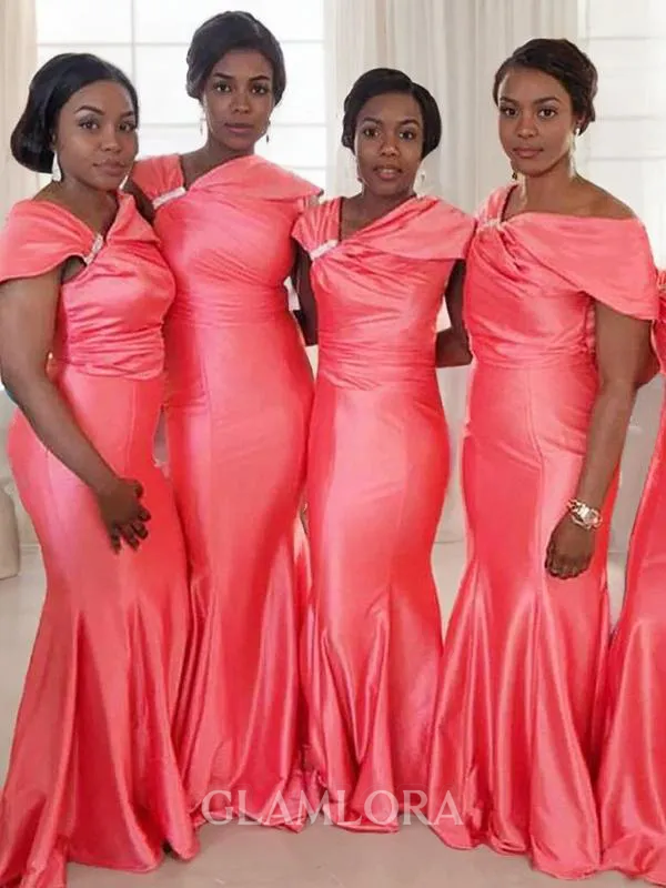 Trumpet/Mermaid Off-the-Shoulder Sleeveless Floor-Length Silk like Satin Fitted Bridesmaid Dress