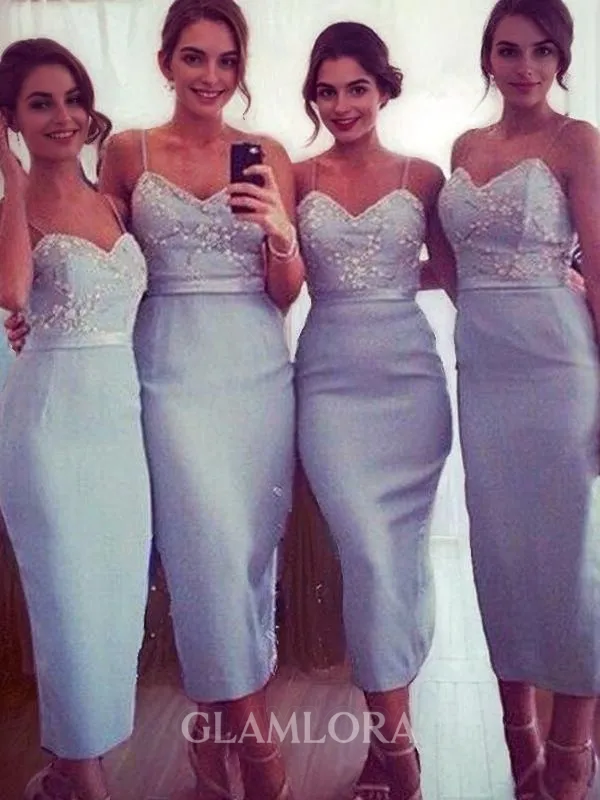 Sheath/Column Spaghetti Straps Sleeveless Tea-Length Classic Satin Bridesmaid Dress
