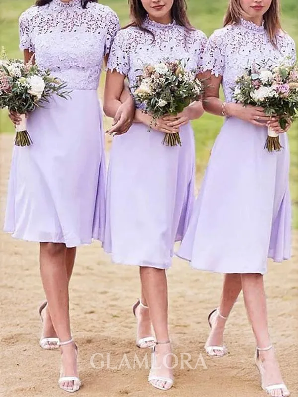 A-line High Neck Short Sleeves Knee-Length Chiffon Classic Bridesmaid Dress