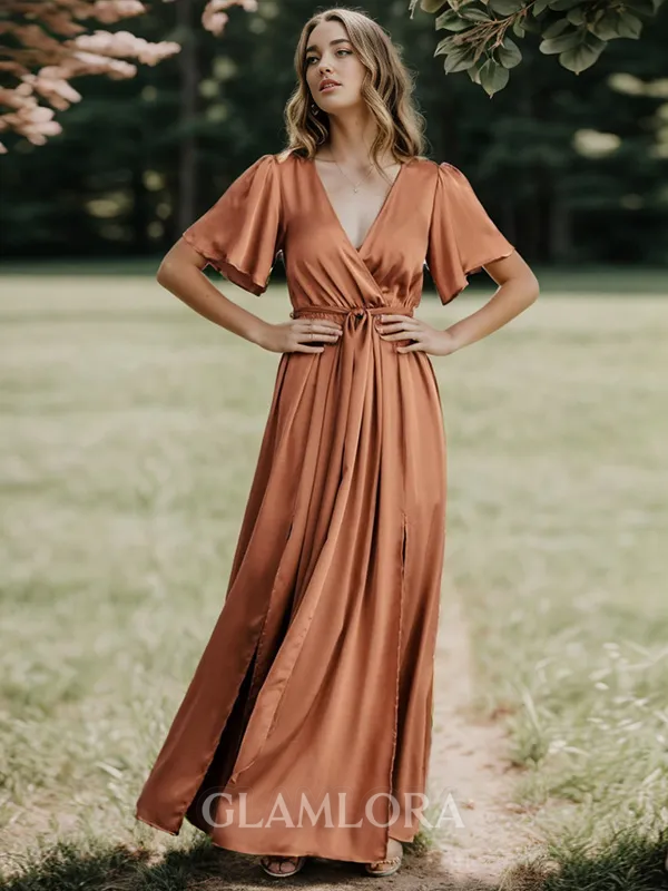 Trendy A-line V-neck Short Sleeves Silk Like Satin Floor-Length Bridesmaid Dress With Slit