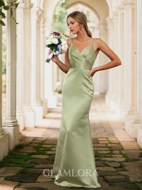 Sexy Sheath/Column V-neck Floor-Length Satin Bridesmaid Dress With Pleated