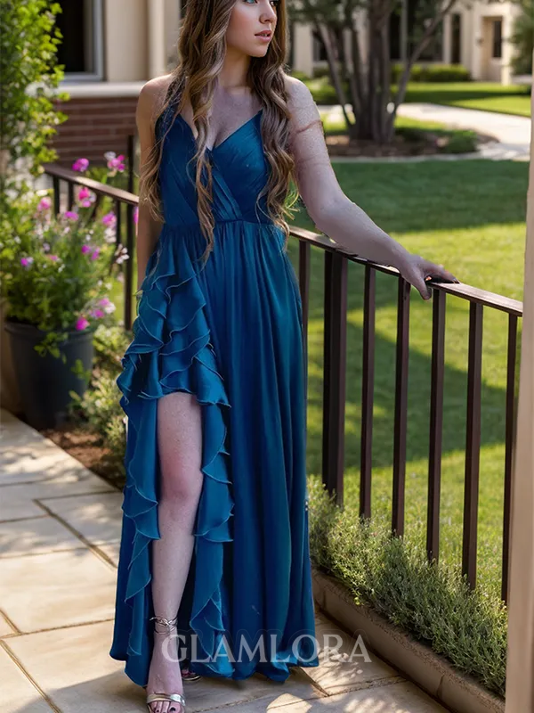 A-line Chic V-neck Floor-Length Satin Chiffon Bridesmaid Dress With Slit