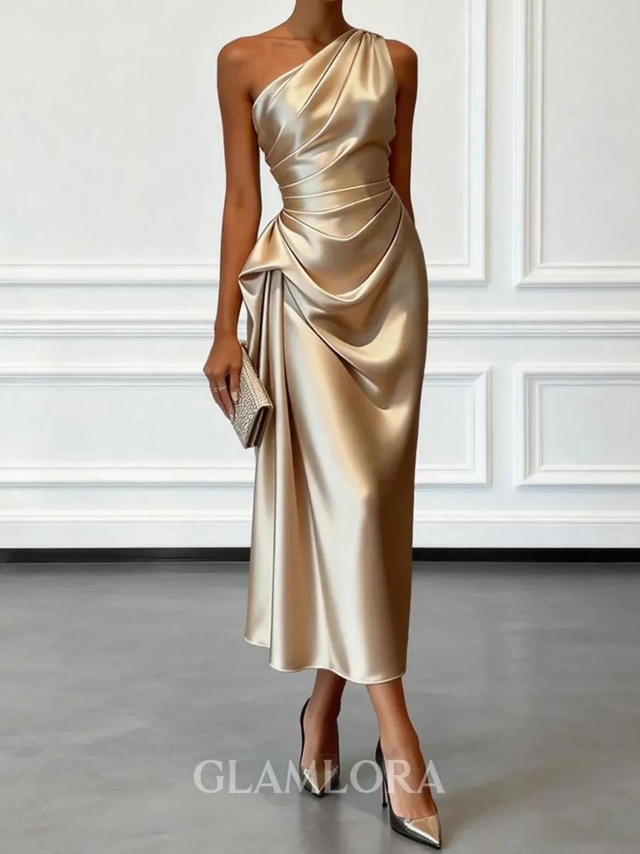 Opulent Sheath One-Shoulder Pleated Tea-Length Silk Like Satin Corset Bridesmaid Dress