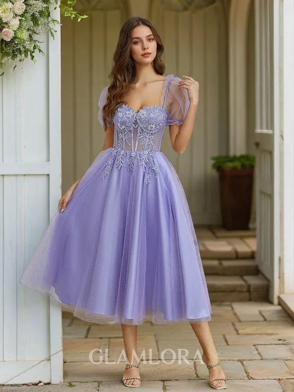 Exquisite A-line Sweetheart Short Sleeves Lace Corset Tea-Length Dress With Appliques Lace