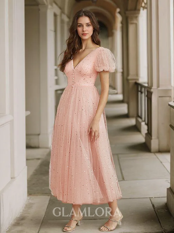 A-line Classic V-neck Short Sleeves Tulle Tea-Length Dress With Slit