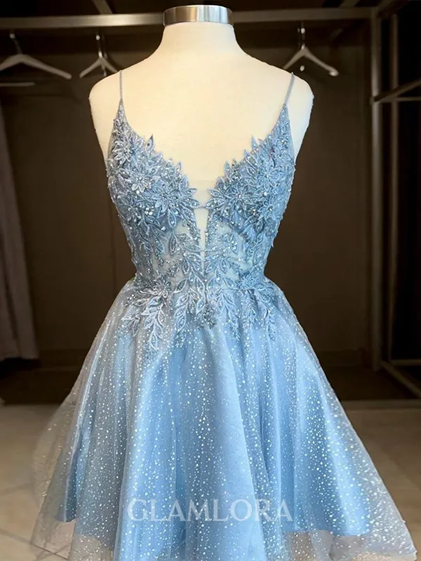 Dreamy A-line V-Neck Appliques Lace Short/Mini Satin Dress