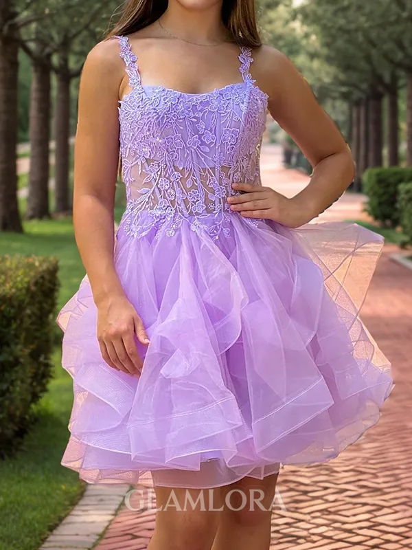 Glistening A-line Straps Appliques Lace Short/Mini Tulle Corset Dress