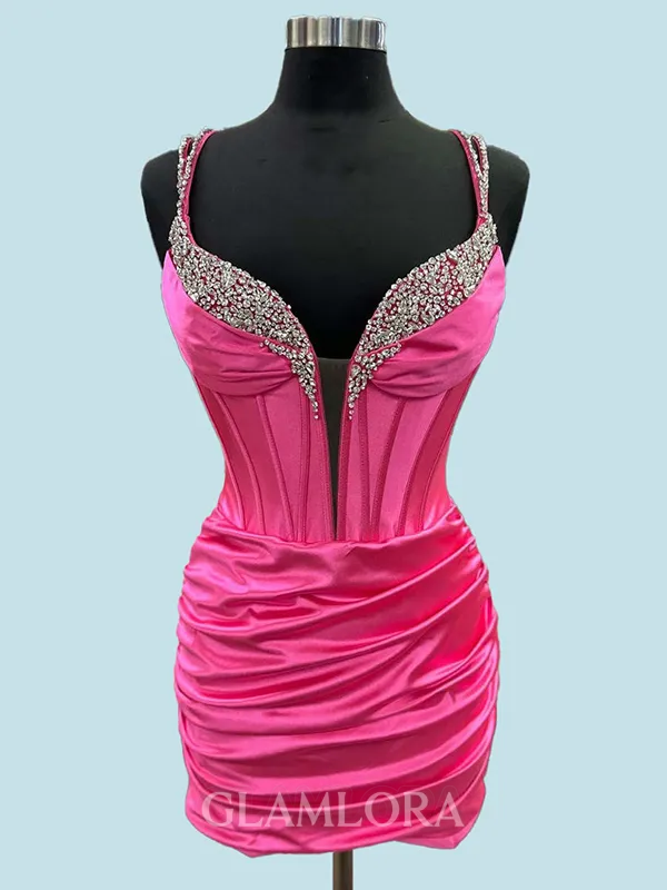 Fashion Sheath Rhinestone Straps Short/Mini Silk like Satin Corset Dress