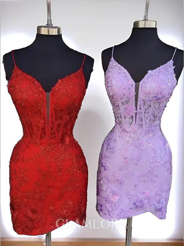 Chic Appliques V-Neck Sheath Lace Short/Mini Tulle Corset Dress