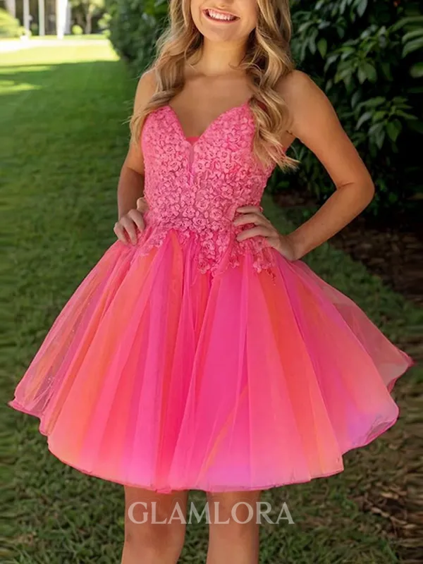 Hermosos V-Neck A-line Appliques Lace Short/Mini Tulle Dress