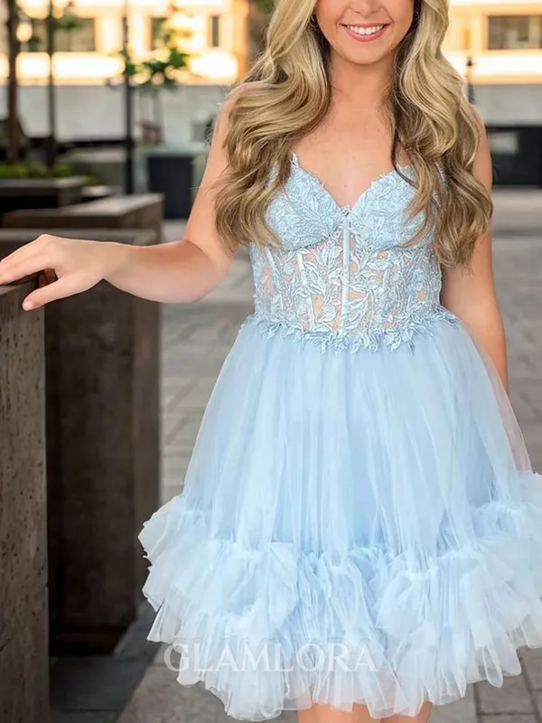 Appliques V-Neck A-line Elegant Lace Short/Mini Tulle Corset Dress