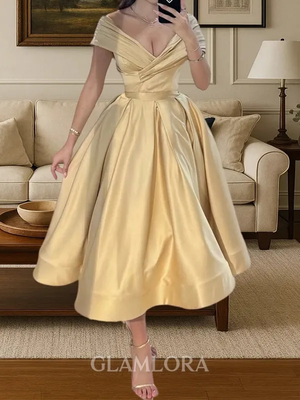 Stunning A-line V-Neck Pleated Tea-Length Silk Like Satin Corset Dress