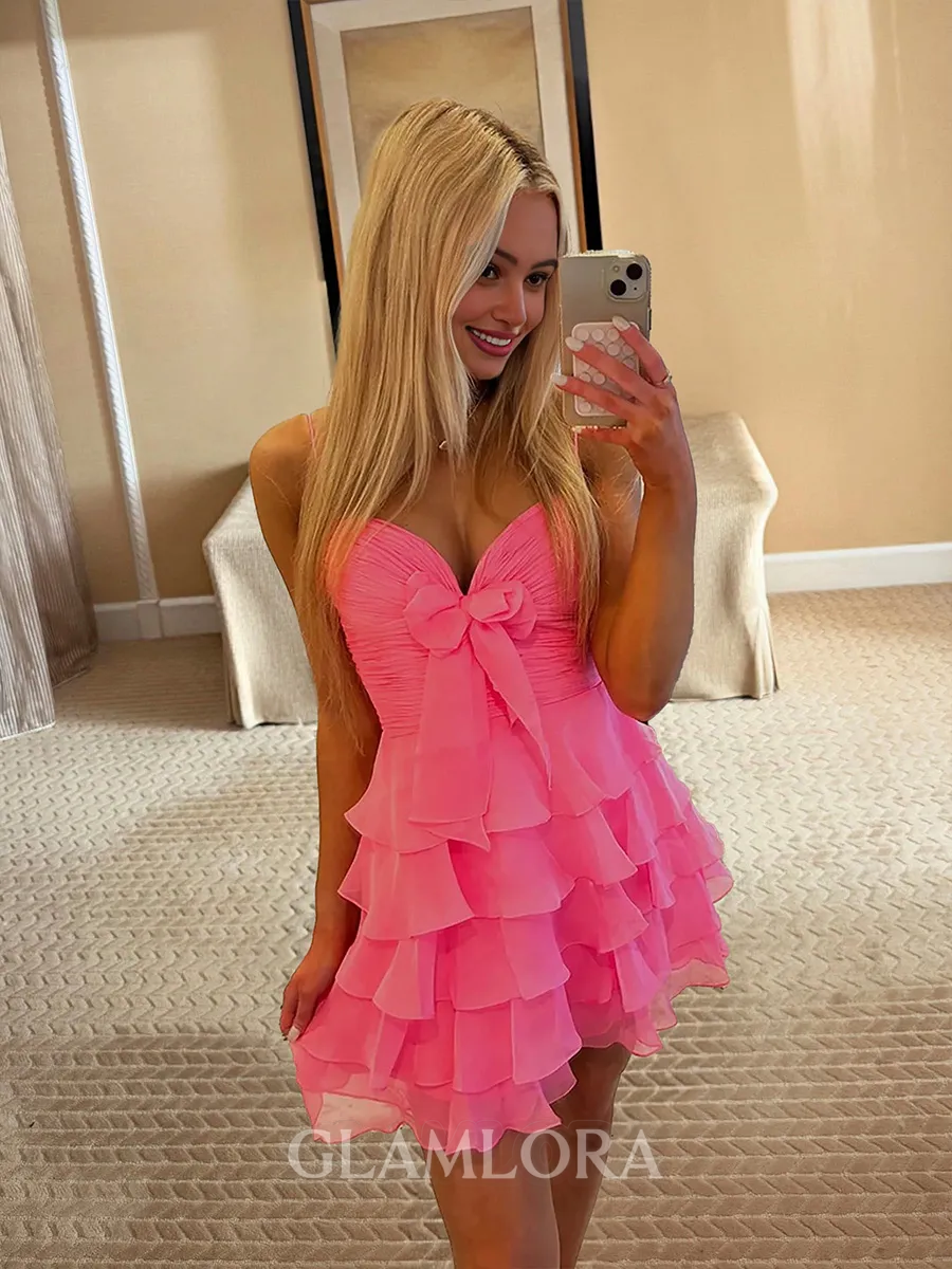 Unique A-line Sweetheart Cascading Ruffles Chiffon Short/Mini Corset Dress