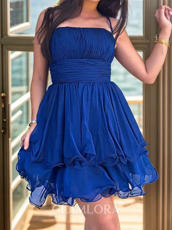 Unique A-line Spaghetti Straps Ruffles Short/Mini Chiffon Corset Dress