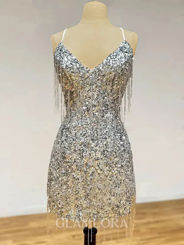 Trendy Sheath Spaghetti Straps Sequin Short/Mini Dress