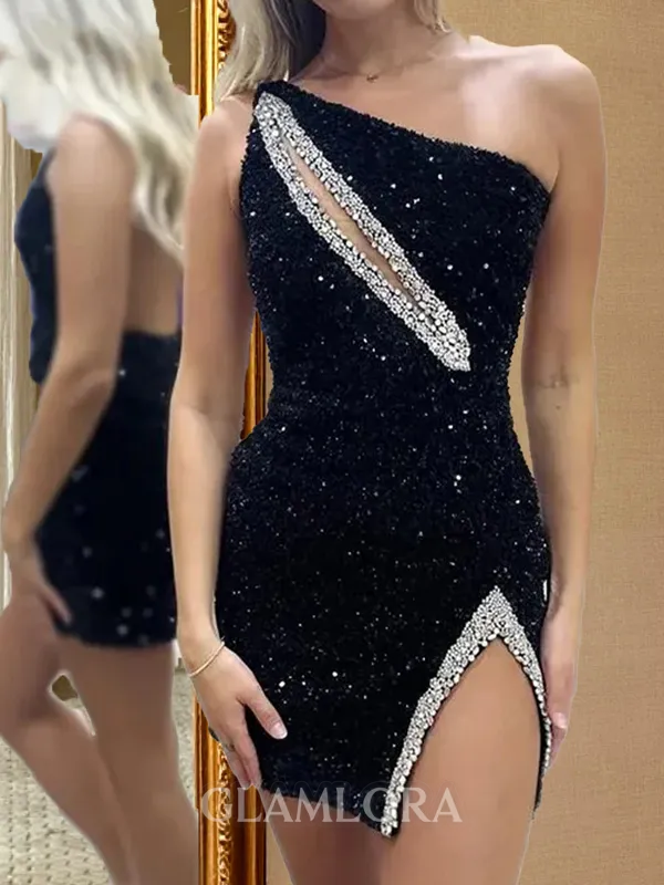 Fashion Sheath One-Shoulder Sequin Short/Mini Velvet Sequins Dress