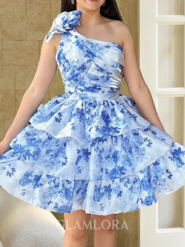 Delicate A-line One-Shoulder Cascading Ruffles Short/Mini Corset Dress