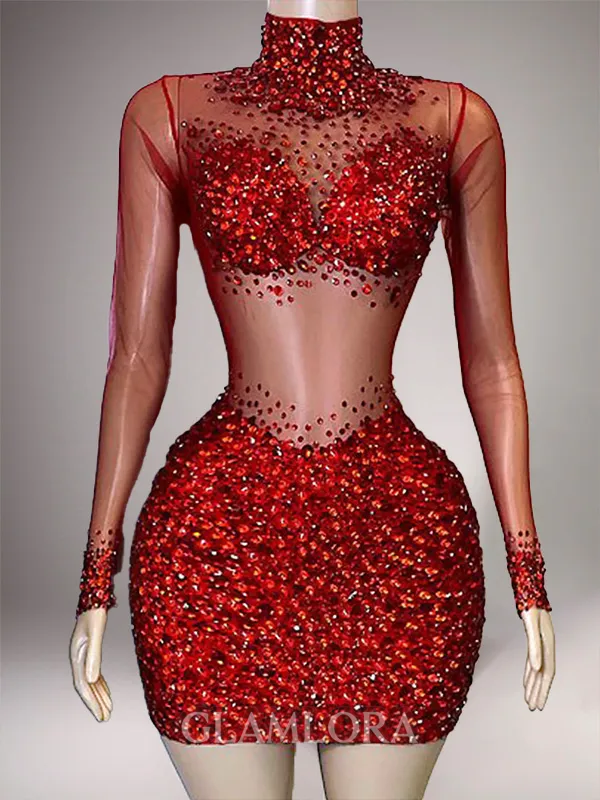 Stunning Sheath High Neck Long Sleeves Rhinestone Short/Mini Velvet Sequins Dress