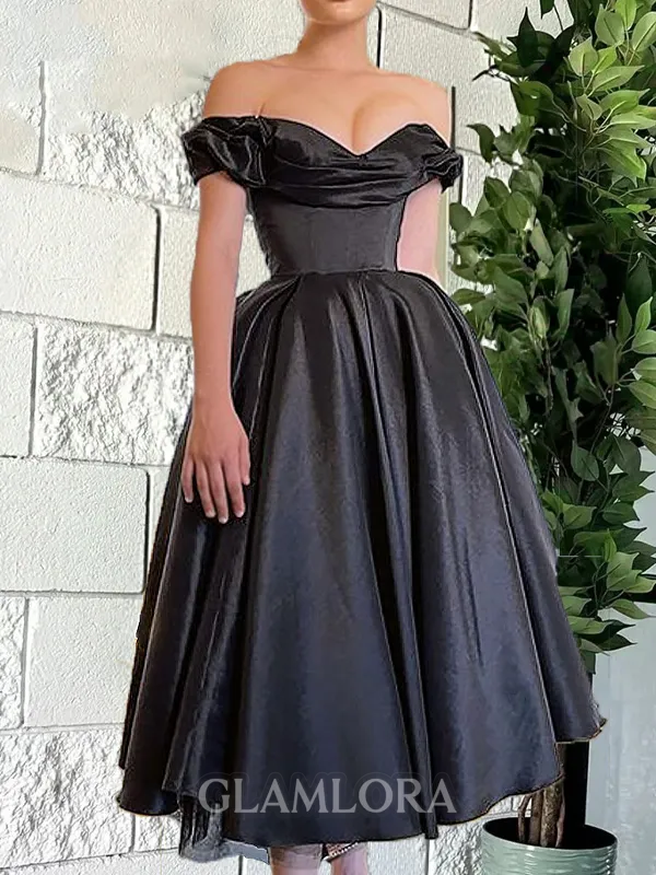 Graceful A-line Off-the-Shoulder Pleated Ankle-Length Satin Corset Dress
