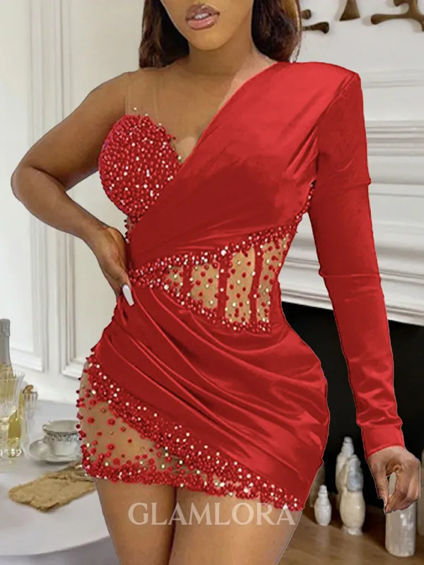 Grand Sheath V-Neck Long Sleeves Pleated Short/Mini Silk Like Satin Corset Dress