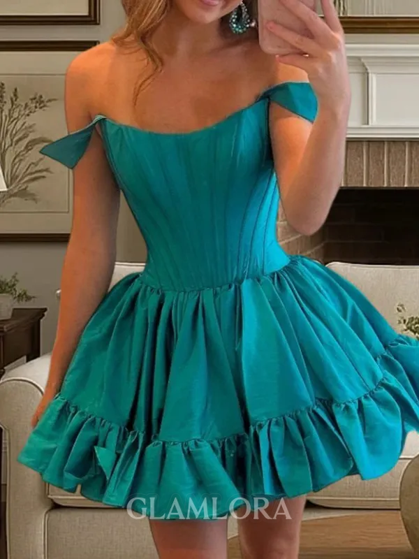 Stunning A-line Off-the-Shoulder Ruffles Short/Mini Taffeta Corset Dress