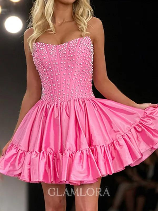 Fashion A-line Straight Beading Short/Mini Taffeta Corset Dress