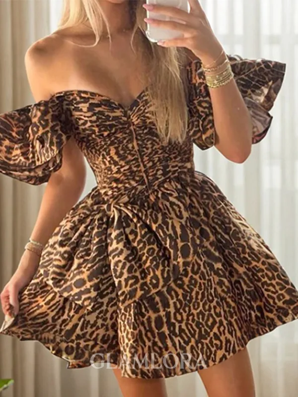 Unique A-line Off-the-Shoulder Short Sleeves Bow Short/Mini Dress