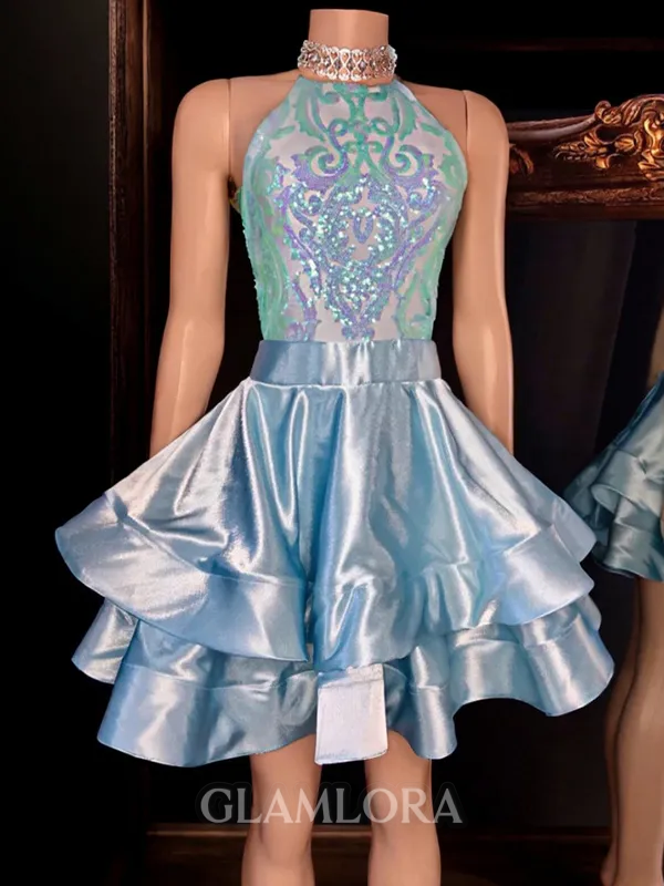 Elegant A-line Halter Cascading Ruffles Short/Mini Silk Like Satin Dress