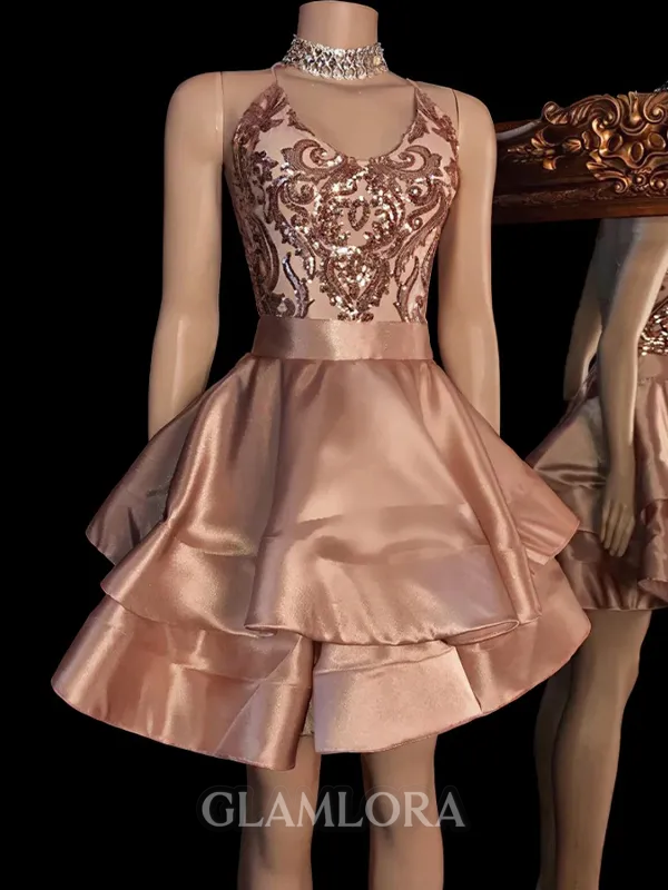 Opulent A-line V-Neck Cascading Ruffles Short/Mini Silk Like Satin Dress