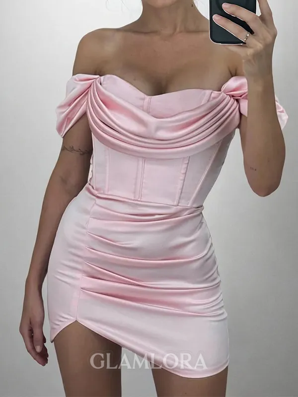 Aristocratic Sheath Off-the-Shoulder Pleated Short/Mini Silk Like Satin Corset Dress