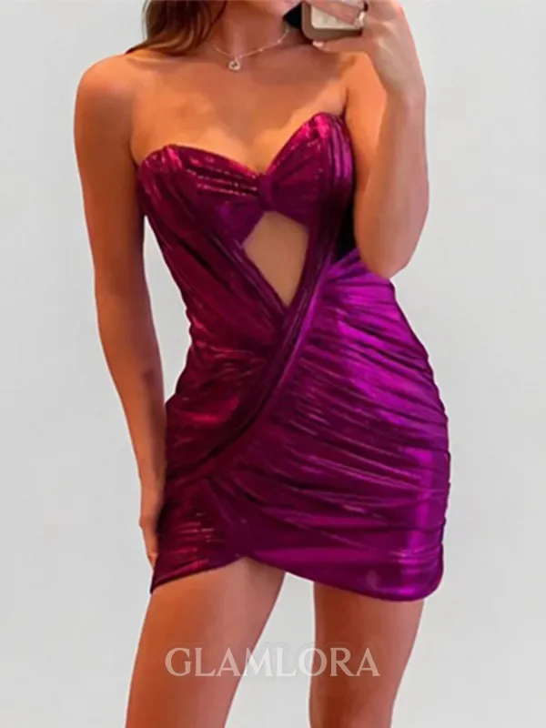 Fashion-forward Sheath Sweetheart Pleated Short/Mini Metallic Satin Corset Dress