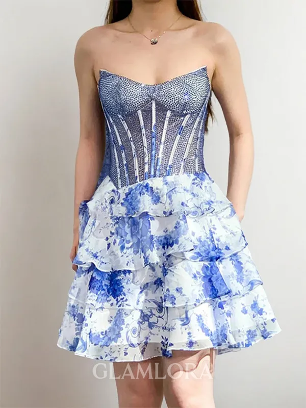 Glamorous A-line Sweetheart Cascading Ruffles Short/Mini Corset Dress