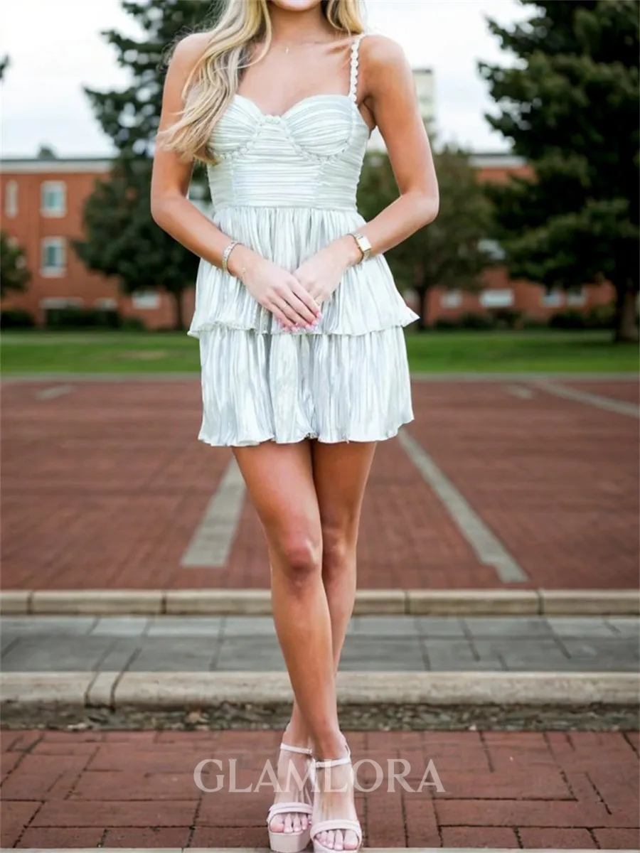 Glam A-line Sweetheart Ruffles Short/Mini Metallic Satin Corset Dress