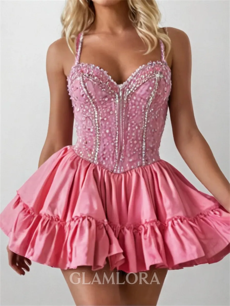 Delicate A-line Sweetheart Ruffles Short/Mini Taffeta Corset Dress