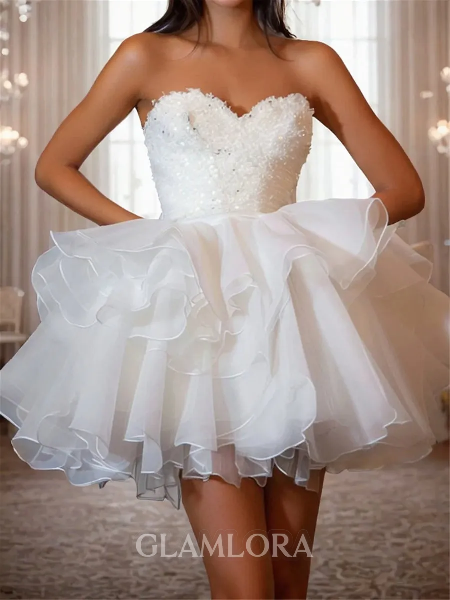 Mesmerizing A-line Sweetheart Cascading Ruffles Short/Mini Organza Dress