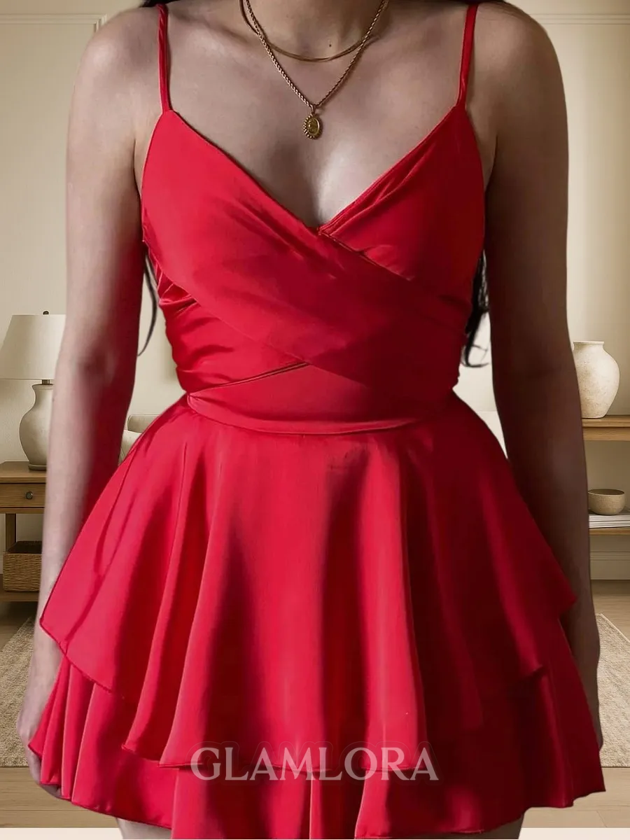 Classy A-line V-Neck Cascading Ruffles Short/Mini Silk Like Satin Corset Dress