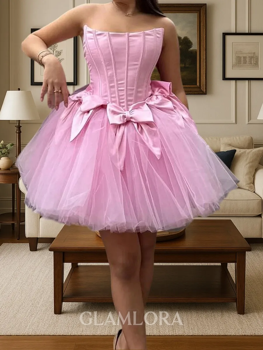 Hermosos Ball-Gown Straight Bow Short/Mini Tulle Corset Dress