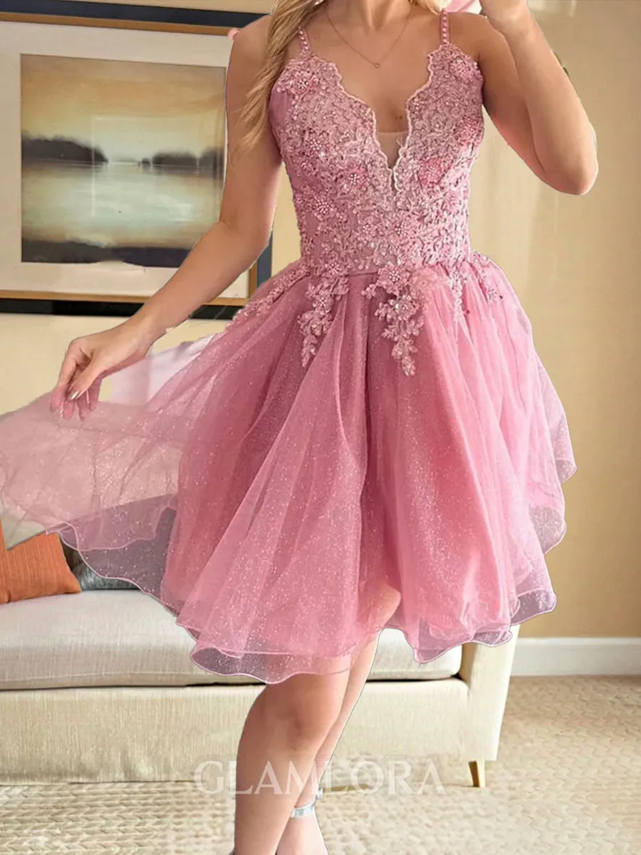 Splendiferous A-line V-Neck Appliques Lace Short/Mini Tulle Corset Dress