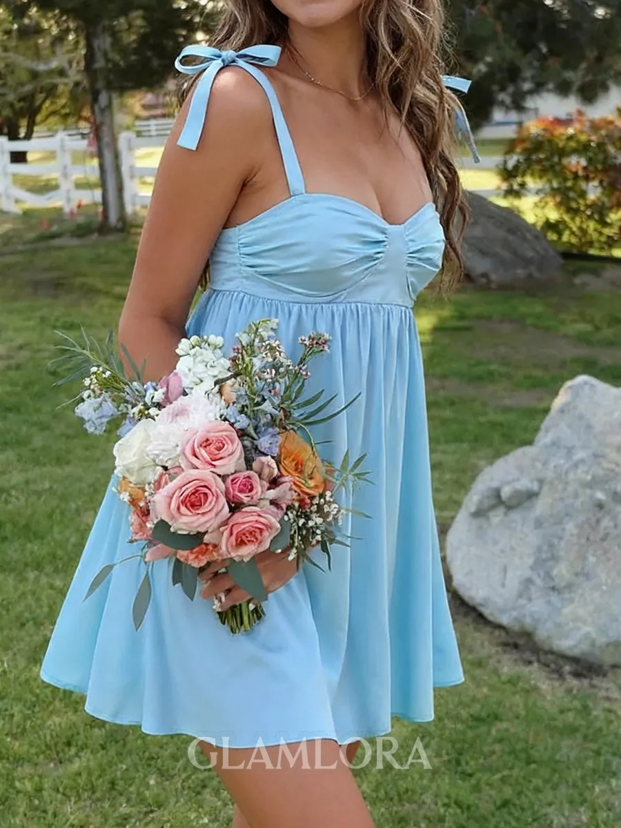 Trendy A-line Straps Pleated Short/Mini Silk Like Satin Dress