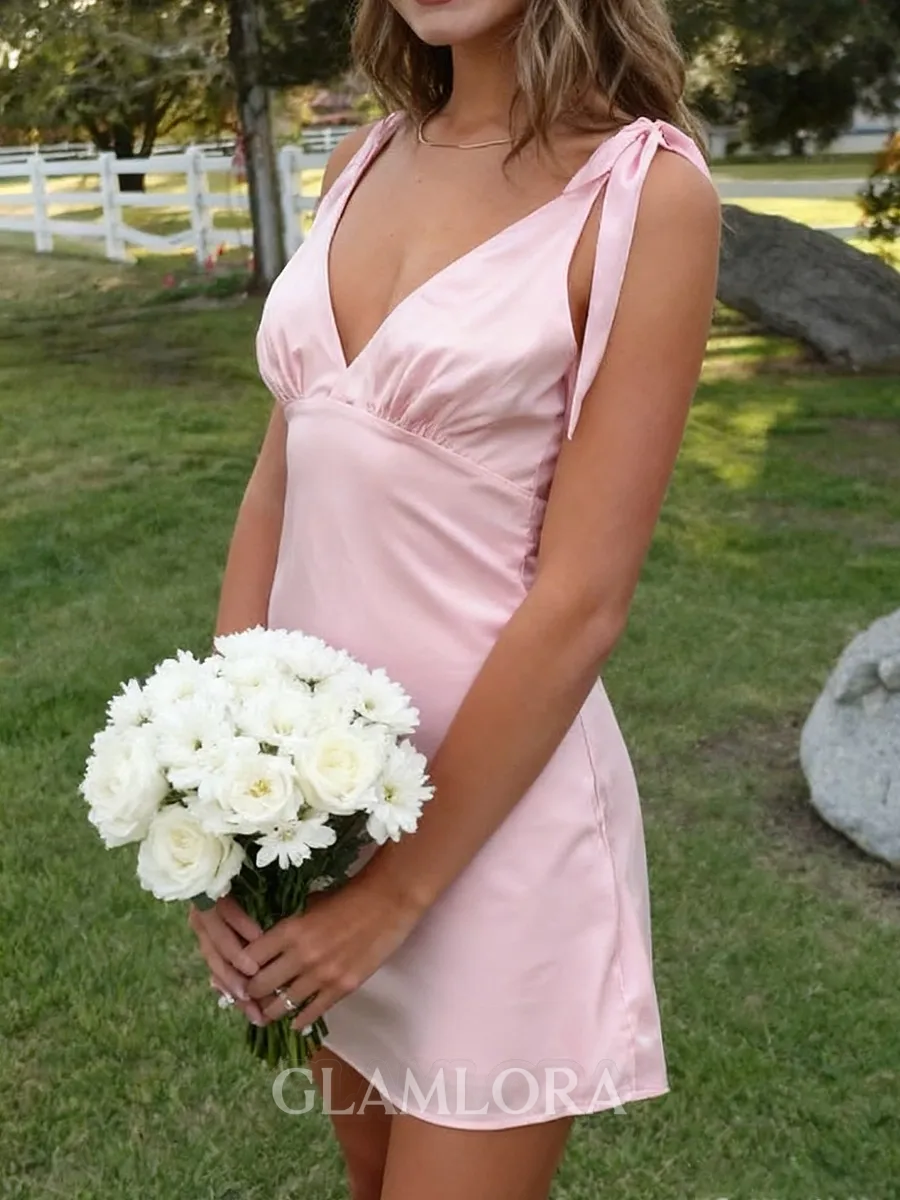 Fashion Sheath V-Neck Bow Short/Mini Silk Like Satin Dress