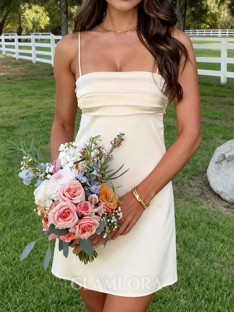 Charming Sheath Spaghetti Straps Pleated Short/Mini Silk Like Satin Dress