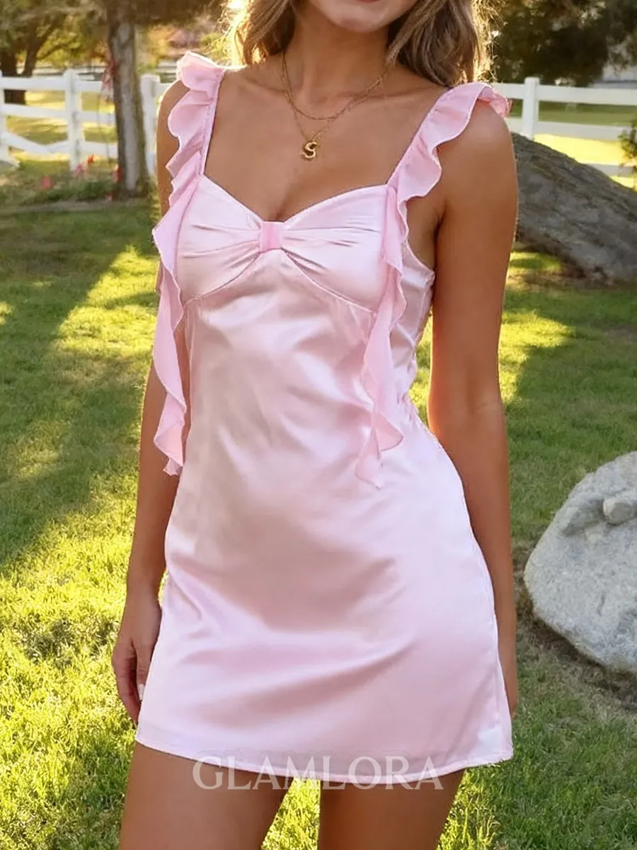 Stunning Sheath Straps Ruffles Short/Mini Silk Like Satin Dress